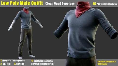 Low Poly Male Outfit 3D Model + PBR Textures
