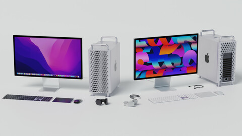 Mac Pro 2022 with keyboard mouse trackpad and airPods Max