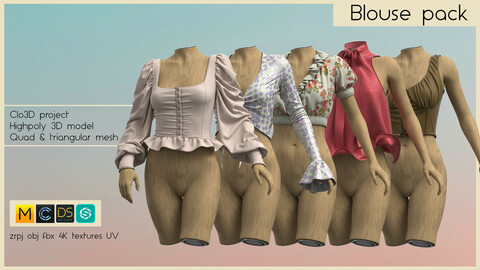 BLOUSE PACK (5 various female tops for any occaison made in Clo3D/Marvelous Designer): zrpj, obj,fbx, PBR 4K