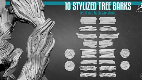 10 Stylized Tree Barks sculpts - IMM Brush (Model included)