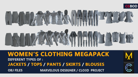 Women’s Clothing Megapack / Marvelous Designer / Skirt / Pant / Jacket / Top