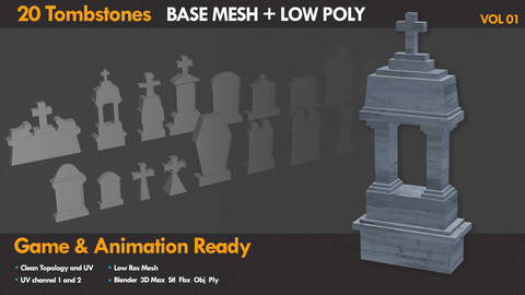 20 Low Poly Tombstones  20 Base mesh