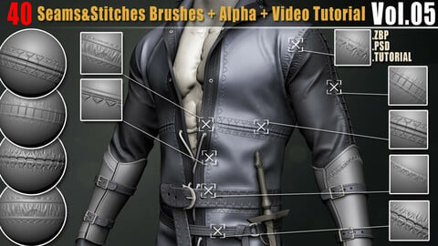 40 Seams And Stitches Brushes + Alpha + Video Tutorial Vol.05