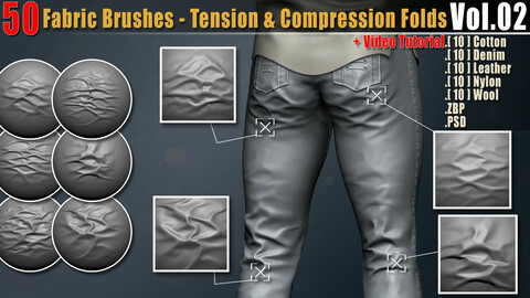 50 Fabric Brushes - Tension & Compression Folds Vol.02+ Video Tutorial