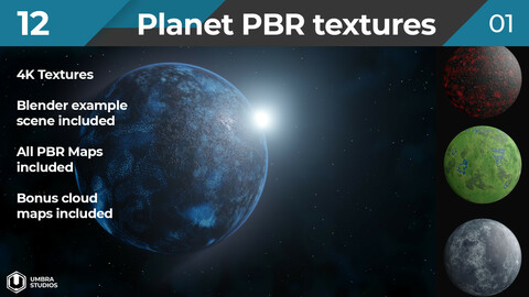 12 Planet PBR Textures | 4K | Bonus Blender Space Scene and Cloud Maps