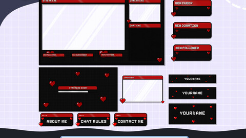 Stream Package Animated Black and Red, Valentines Stream Overlay, Twitch Overlay Pixel, Twitch Overlay Red Hearts, Full Twitch Package