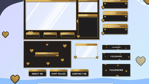 Animated Stream Package Overlay Gold Hearts, Pixel Stream Pack, Pixel Animated Overlays, Stream Overlays, twitch layout Black