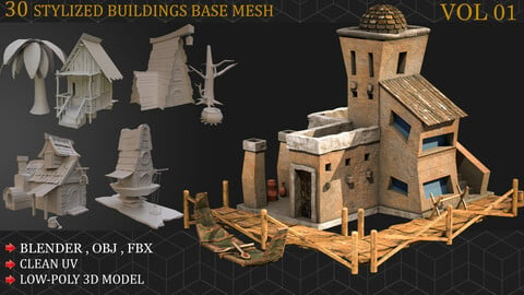 30 Stylized Buildings Base mesh VOL 01