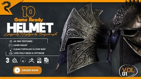 10 medieval helmet game ready – vol 01 ( base mesh + low poly + high poly )