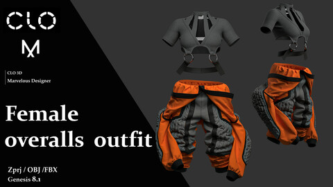 Female overalls outfit / Marvelous Designer/Clo3D project file + OBJ