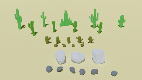 Low Poly Stylized Desert Western Vegetation And rocks Game Assets