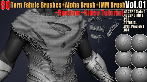 80 Torn Fabric Brushes + Alpha Brush + IMM Brush +Video Tutorial Vol01
