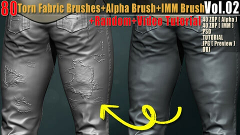 80 Torn Fabric Brushes + Alpha Brush + IMM Brush +Video Tutorial Vol02