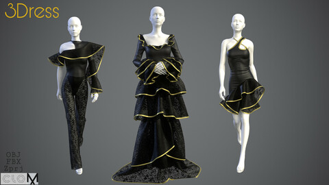 3 Female Dress . Marvelous Designer / Clo3D project+OBJ+FBX (vol_01)