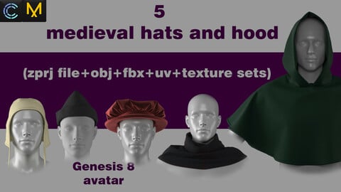5 medieval hats and hoods (zprj file+obj+fbx+uv+texture sets)