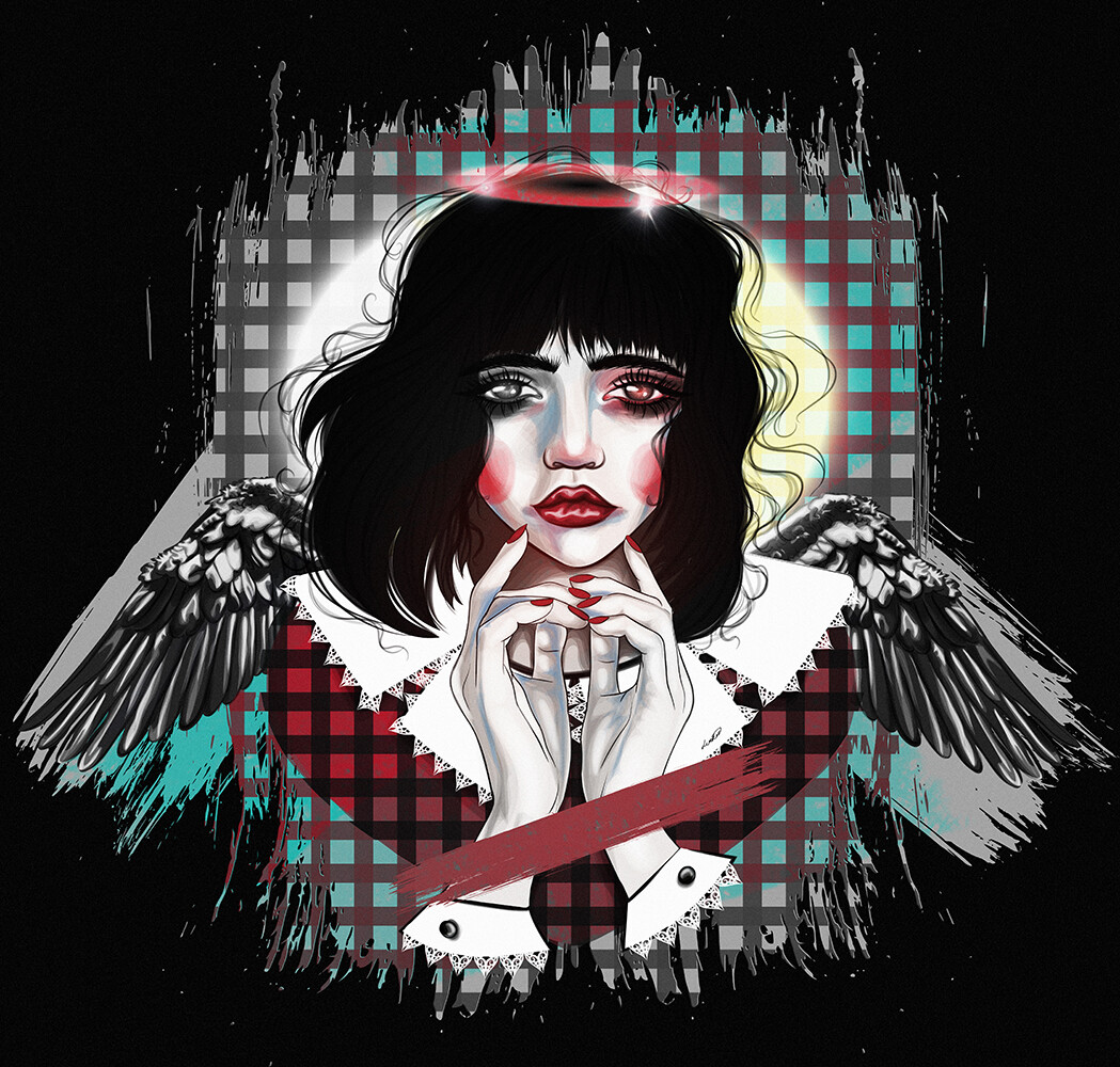 ArtStation - Sad Angel Girl with short black hair and big
