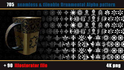 705 seamless and tileable Ornamental Alpha patterns + 90 Adobe illustrator file
