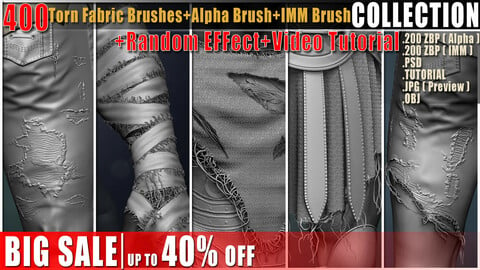 400 Torn Fabric Brushes + Alpha Brush + IMM Brush +Video Tutorial-Collection