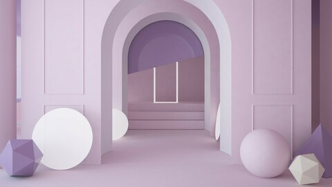 Magenta interior scene with arched corridor