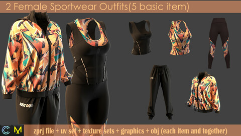 2 female sportswear outfits ( 5 basic item+ zprj file+uv+graphics+texture set+obj for each)