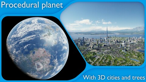 Large scale procedural planet with 3D cities and vegetation for Blender Cycles