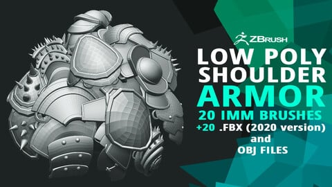 20 Low-poly medieval fantasy shoulder armor base mesh IMM brush set for Zbrush, FBX and OBJ files.