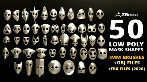 50 low poly mask shapes IMM brush set for Zbrush, OBJ and FBX (2020 version) files.
