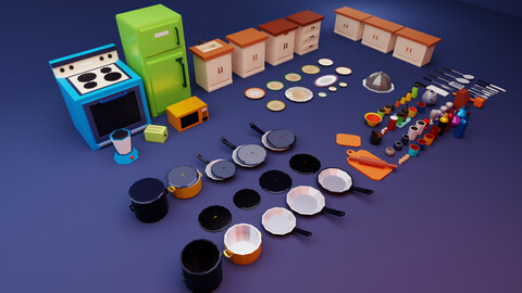 98 Low poly kitchen 3D game assets and models