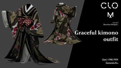 Graceful kimono outfit / Marvelous Designer/Clo3D project file + OBJ