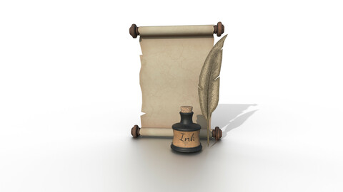 Set of scroll and inkwell with stopper and quill PBR low-poly Low-poly 3D model