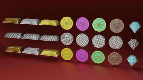 3D Game Models Values ( 4 Coins & Diamond & 3 Metalls )