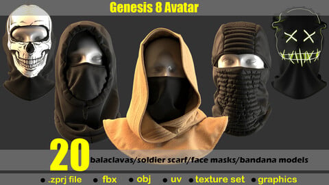 20  balaclavas/soldier scarf/face masks/bandana models( zprj files+obj+fbx+uv set+txtures+graphics)