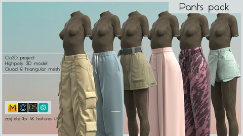 PANTS PACK (5 various female bottoms for any occaison made in Clo3D/Marvelous Designer): zrpj, obj,fbx, PBR 4K