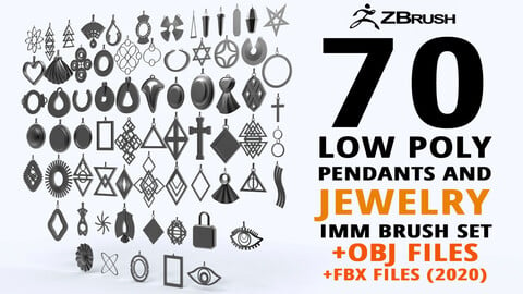 70 Low poly jewelry pendant shapes and forms IMM brush set for Zbrush, Obj and Fbx files.