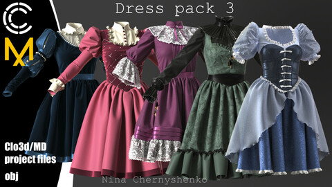 Dress pack 3. Marvelous Designer/Clo3d project + OBJ.