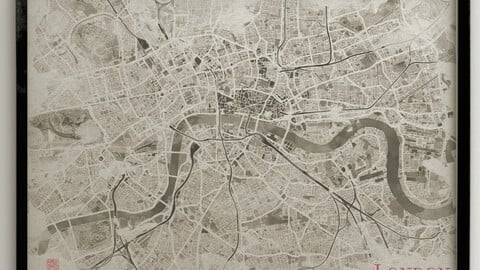 Digital black and white watercolor map of London, UK
