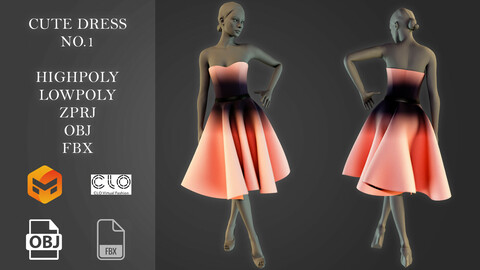 CUTE DRESS Marvelous Designer, Projects Files: Zprj , OBJ , FBX ,Highpoly,Lowpoly