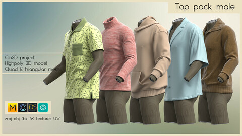 TOP PACK MALE (5 various male tops for any occaison made in Clo3D/Marvelous Designer): zrpj, obj,fbx, PBR 4K
