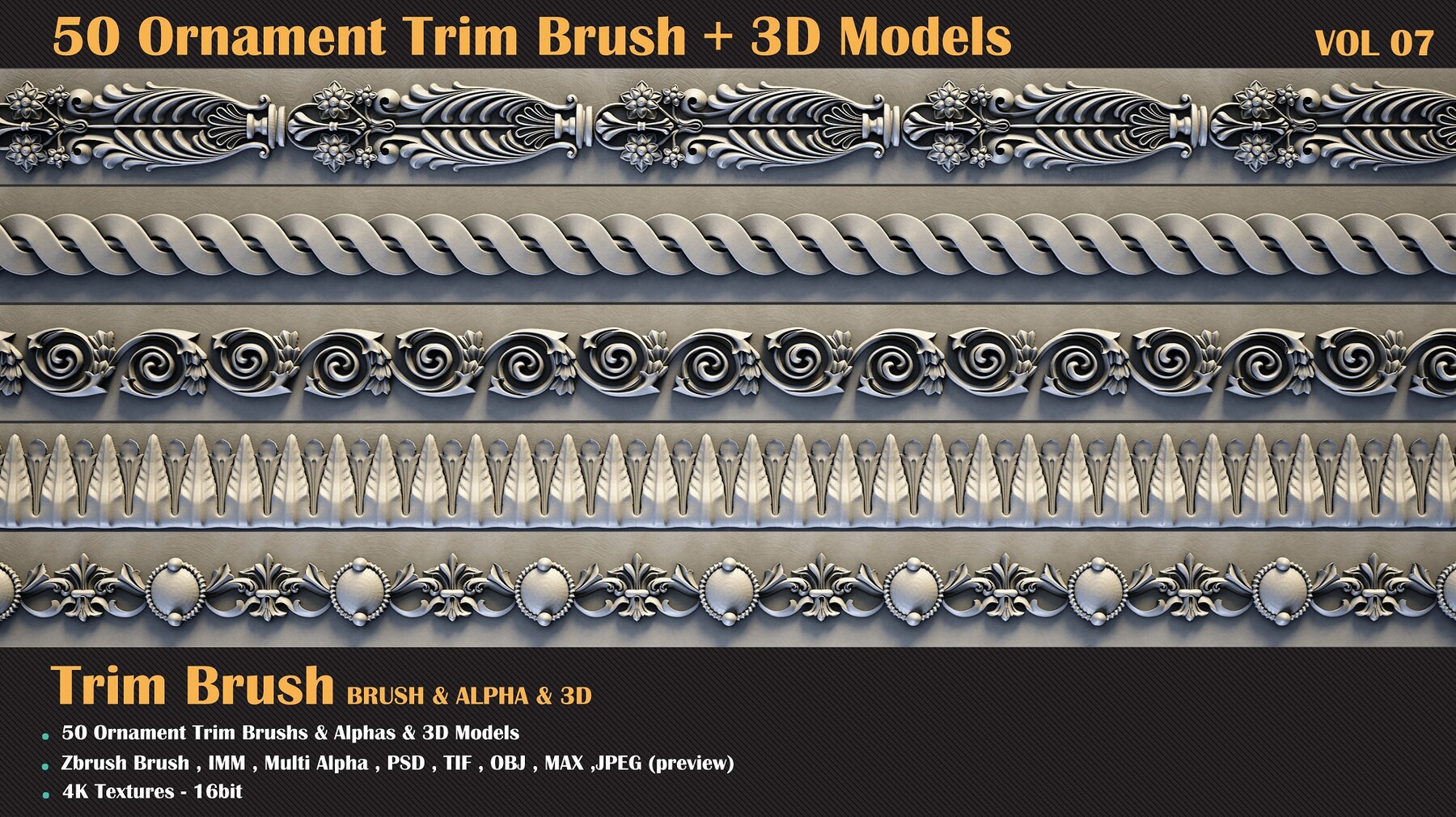 ArtStation 50 Ornament Trim Brush + 3DModel VOL 09 Brushes