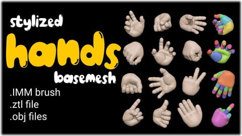 Stylized hands basemesh pack of 16 and IMM brush and .obj files