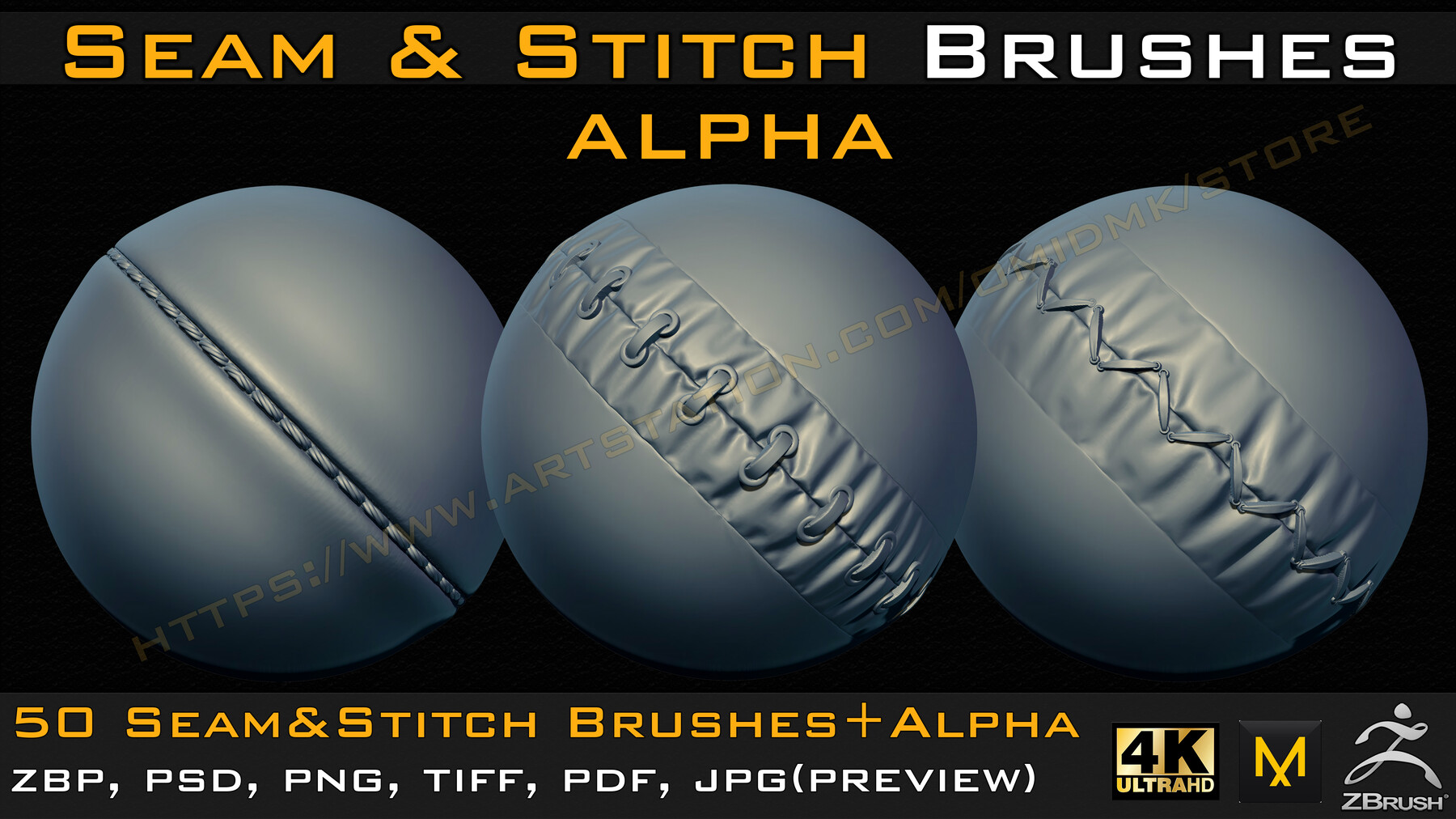 ArtStation - 50 Seam & Stitch Brushes & Alpha (Tileable 4k-16bit) Vol ...