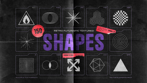 150 Retro-futuristic textured shapes pack
