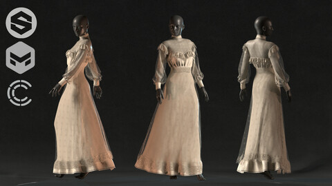 Vintage Wedding Dress : Marvelous Designer + Clo3d + OBJ + FBX + Texture