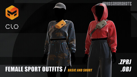 Female Sport Outfits / Basic and short / Marvelous Designer Project + OBJ