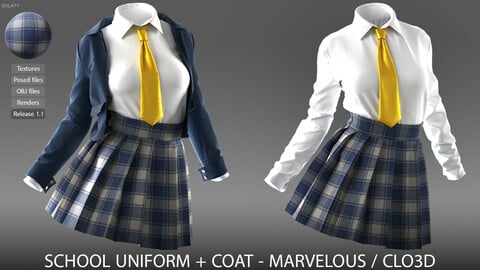 School Uniform + Coat - MARVELOUS DESIGNER / CLO3D ZPRJ - OBJ - Texture - Posed Files - Renders