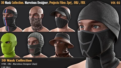 30 Mask Collection. Marvelous Designer, Projects Files: Zprj , OBJ , FBX (Vol-02)