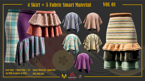 4 Skirt _ VOL 01 + 5 Fabric Smart Material (Low poly + High poly + PBR Textures + ZPRJ file + spsm file)