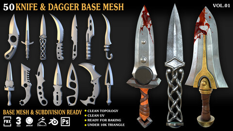50 Knife & Dagger Base Mesh_Vol 001 (MAX,blend,FBX,C4d,ZBP)
