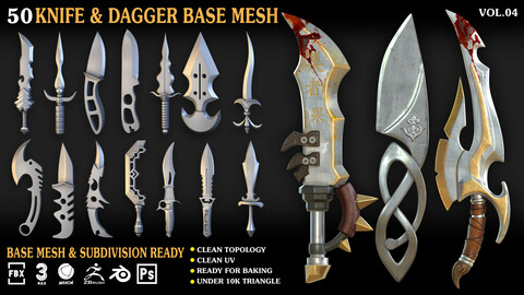 50 Knife & Dagger Base Mesh_Vol 004 (MAX,blend,FBX,C4d,Obj,ZBP)