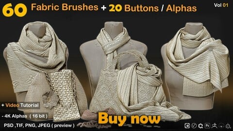 60 Fabric Brushes+20 Buttons / Alphas  Vol 01
